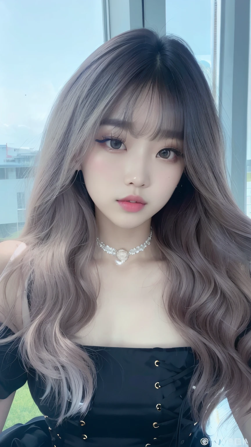 um close up de uma mulher com cabelos longos usando um vestido preto, Ulzzang, Lalisa Manobal, menina coreana, maquiagem coreana popular, maquiagem sul-coreana popular, cabelos longos com franja, Mulher sul-coreana bonita, linda mulher coreana jovem, Sakimichan, cor cinza, Lalisa Manoban do Blackpink, com cabelos longos e olhos penetrantes