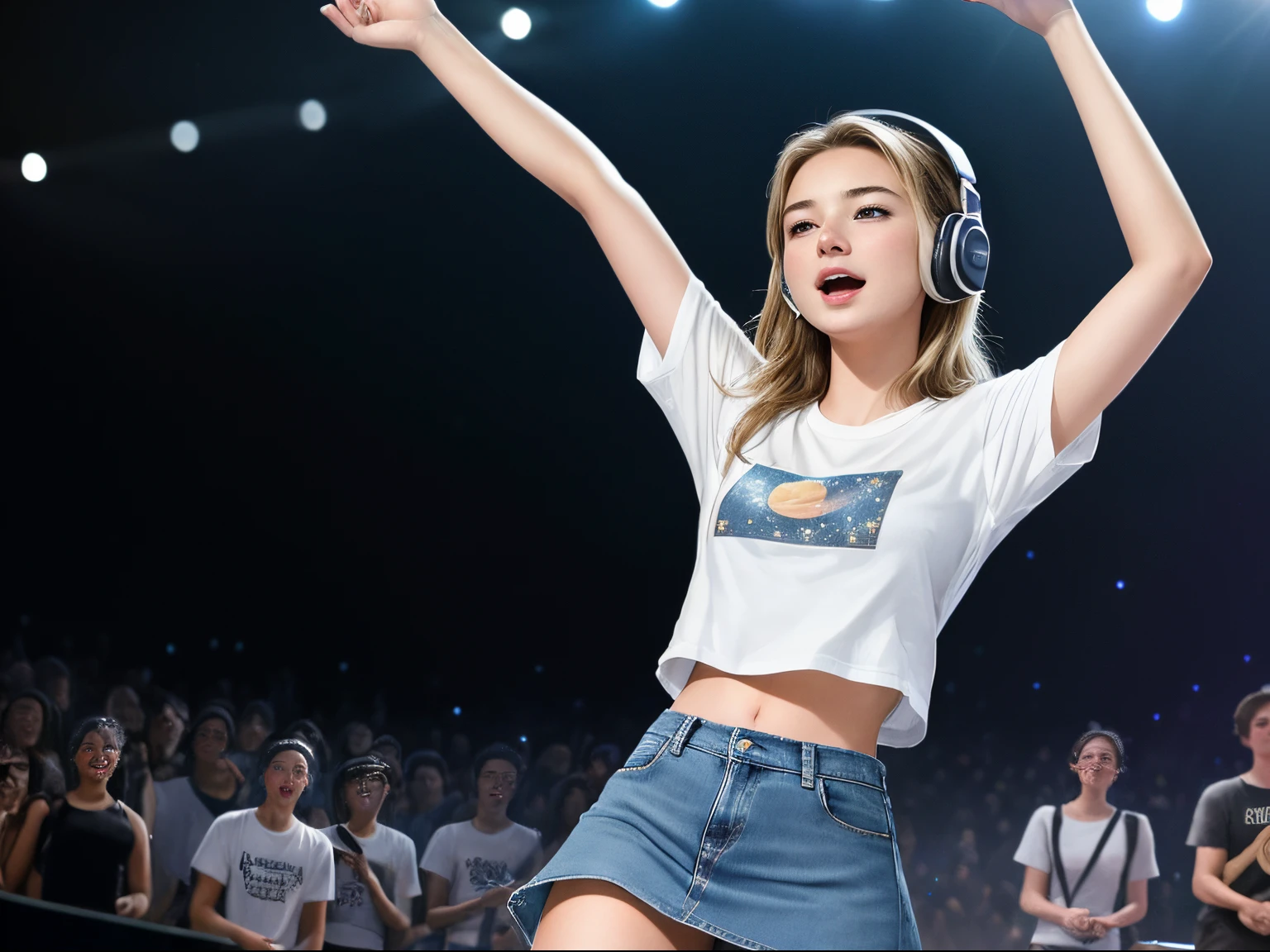 top quality 32k raw photo of 18-year-old Emily VanCamp wearing white T shirt and jeans skirt and headphone. navel look. she is on the stage dancing. night. starry sky.
