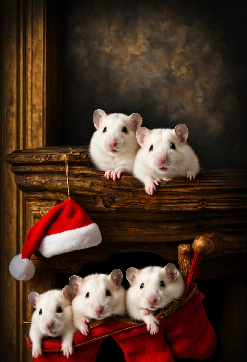 Extremely realistic photo of two adorable white hamsters with santa hat inside a chirstmas stocking hanging at a fireplace mantle shelf Christmas decore, "HDRI, Rembrandt Lighting, f/8.5, 10mm Lens" Neo photographic pictorialism style.