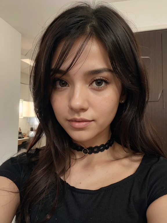 IA de una chica con las siguientes caracteristicas : chica de 1.65 cm de altura,cabello largo casi negro , lunar debajo del labio ,ojos verdes de piel blanca, vestida con un top rosado manga larga ,una pollera negra con blanco, cabello recogido con una cinta rosada.