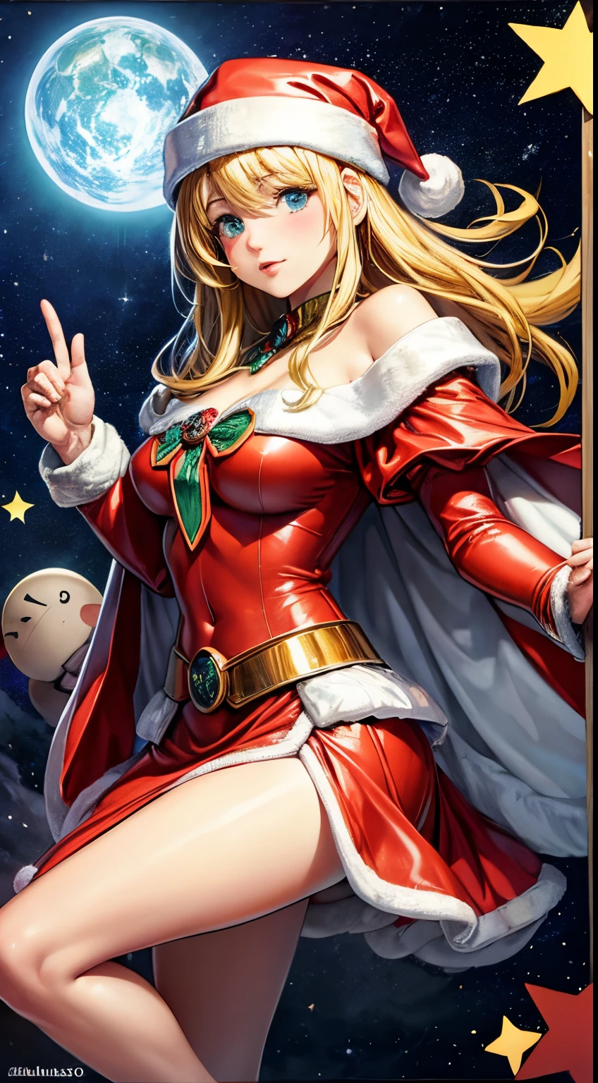 Elsa Beskow, Mabel Attwell, Juan Romita Jr.., surrealista, Misterioso, weird, fantastical, fantasy, Science-Fiction, Japanese anime, Beautiful blonde girl in Alice miniskirt in a bright red Santa Claus costume, montando un trineo de renos por el cielo nocturno, Regalos de Navidad amontonados en el transportista, Estrellas, Aurora, Obra maestra hiperdetallada