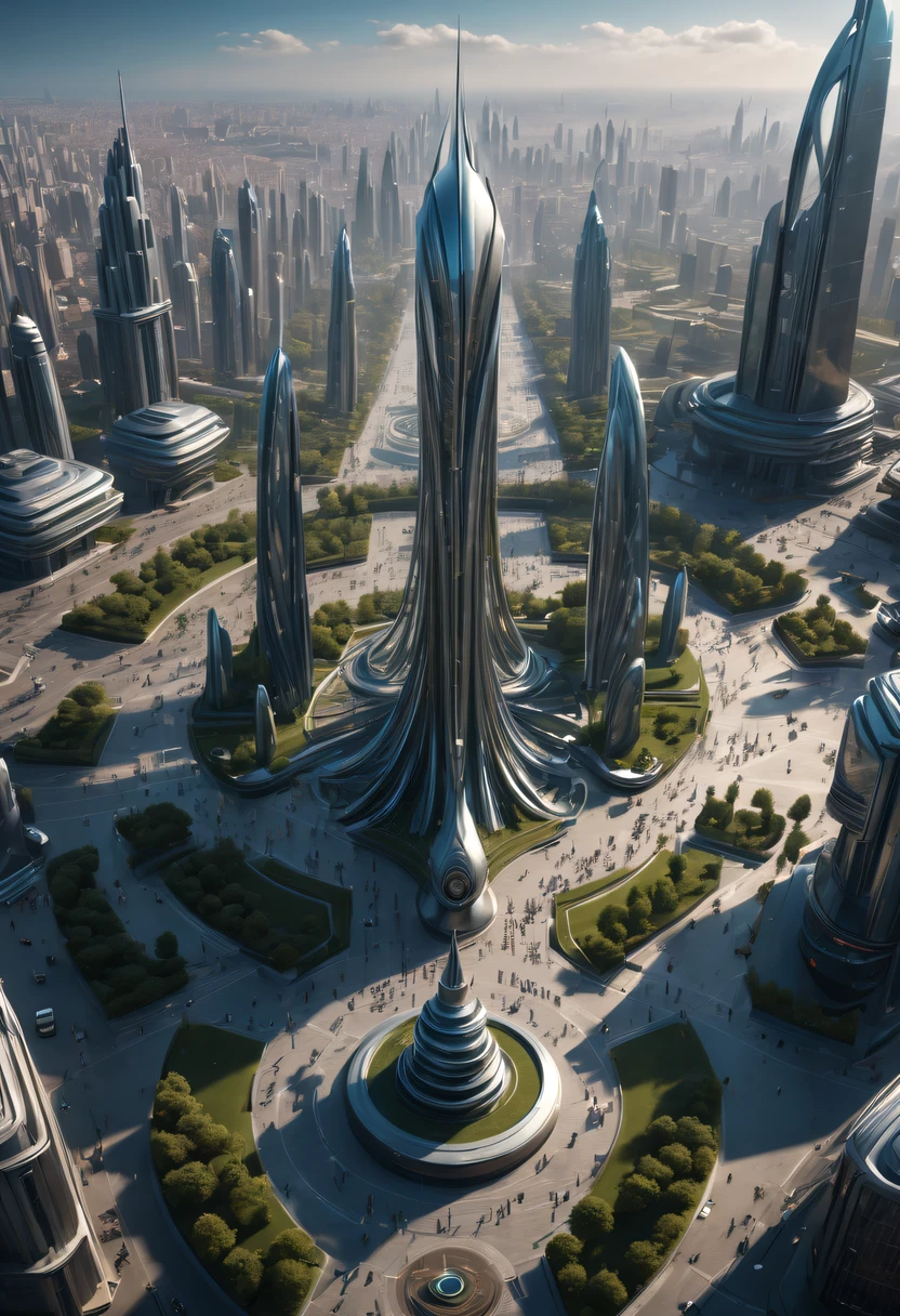Best quality,4K,8K,A high resolution,tmasterpiece:1.2,beautiful utopian city,Metal sculpture in the square,in the style of futuristic