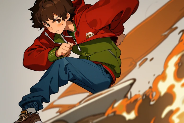 Guy 16 years old, with shaggy brown hair, has brown eyes. Wears a whitish-gray zip-up sweatshirt with pockets, also dark blue trousers, and brown sneakers. character: merry, but a little hot-tempered. Dedicates time to drawings and animation. Likes to eat macaroni and cheese and fried dumplings. Controls red fire and green wind.