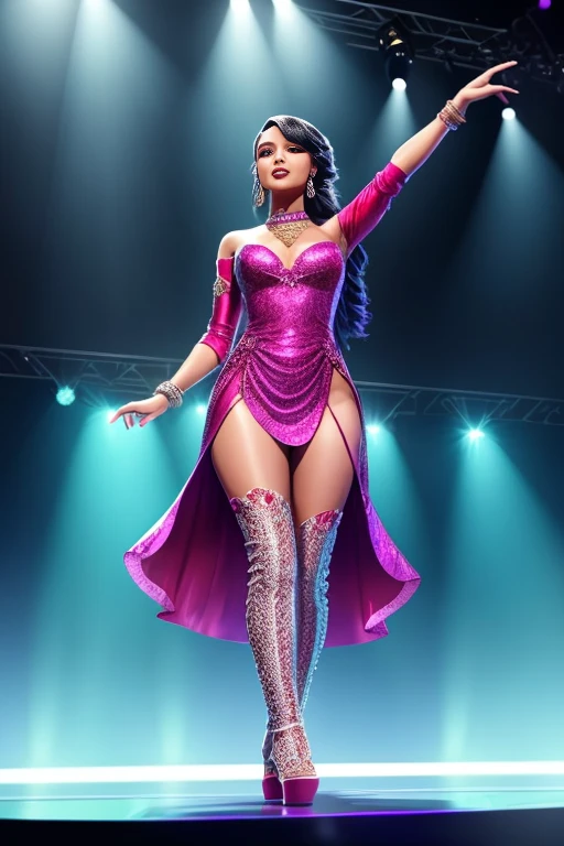 Create a digital illustration of a dazzling singer on stage. She's about 1.60 m tall and dressed in a captivating outfit for her musical performance. Being an artist, she projects a confident and beautiful presence while wearing an outfit that reflects her musical style. Be sure to showcase her talent and charisma while she performs, while maintaining an artistic aesthetic. Avoid any nudity in the image.