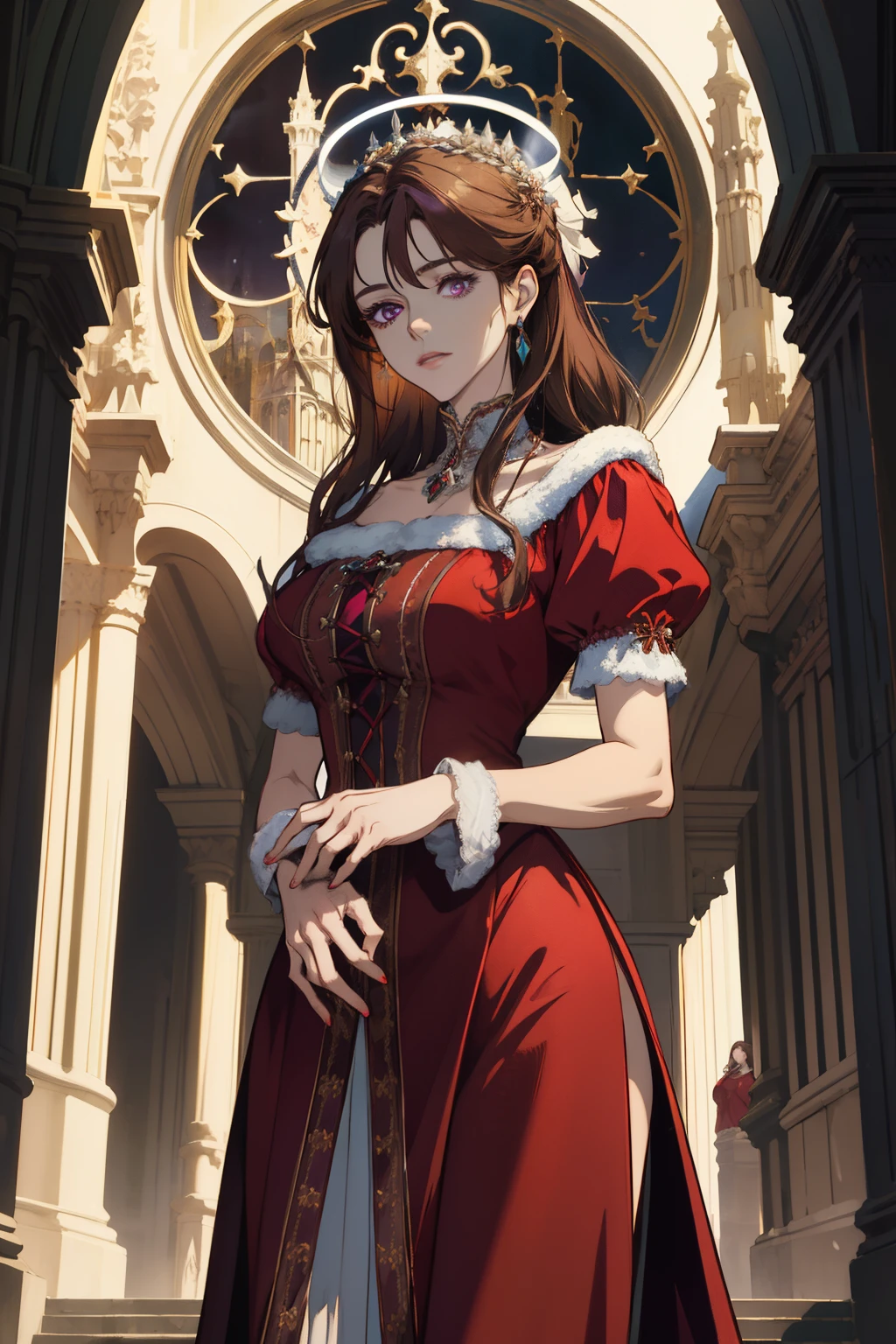 Holiday masterpiece, (absurdres:1.1), best quality, extremely delicate, (beautiful face:1.1), elegant, full clothes (great composition), bags under eyes,  (dark:1.1), highly detailed exquisite  portrait Victorian era inspiration anime - style image of a woman in a red dress standing in front of a large cathedral pretty female cleric, female cleric, inspired by Li Chevalier, cleric, dressed like a cleric, majestic saint woman, inspired by Valéria Dénes, npc with a saint's halo, female protagonist 👀 :8, official character art, masterpiece goddess of sorrow BROWN HAIR purple eye color middle aged woman Christmas theme holidays December