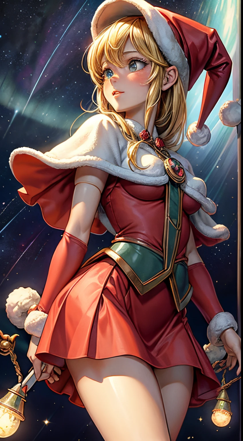 Elsa Beskow, Mabel Attwell, Juan Romita Jr.., surrealista, Misterioso, weird, fantastical, fantasy, Science-Fiction, Japanese anime, Beautiful blonde girl in Alice miniskirt in a bright red Santa Claus costume, montando un trineo de renos por el cielo nocturno, Regalos de Navidad amontonados en el transportista, Estrellas, Aurora, Obra maestra hiperdetallada