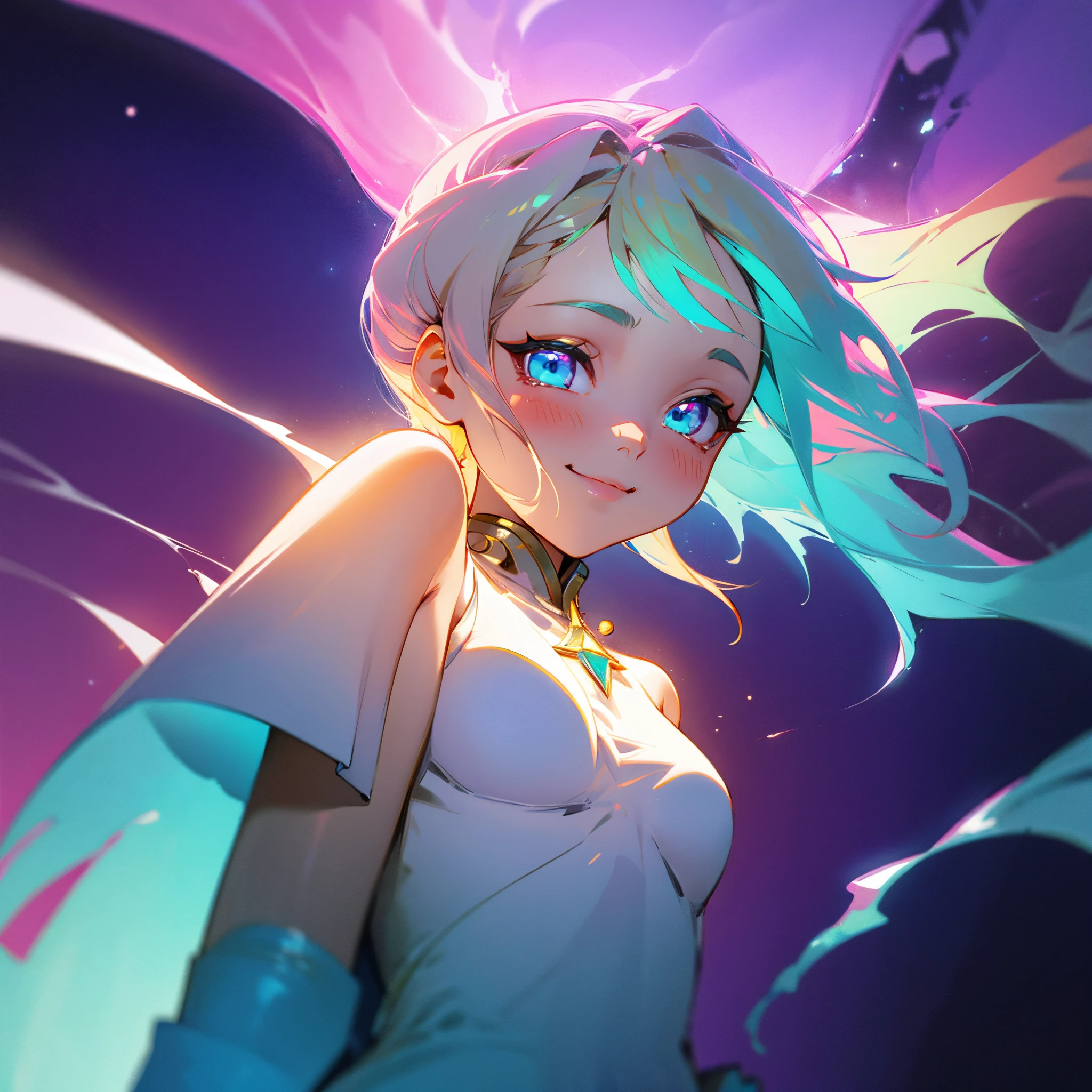 fantasy art, neon magic, beautiful girl, sea fairy, smiling, UHD, 128k, dreamy colors, glowing around, glow, symmetrical eyes, symmetrical nose, sparkles, emerald eyes, dark blond hair, tender pink and purple curls, cyberpunk, beige or white casual closes with cute magic neon print and details, background with magic fantasy neon city, small bust