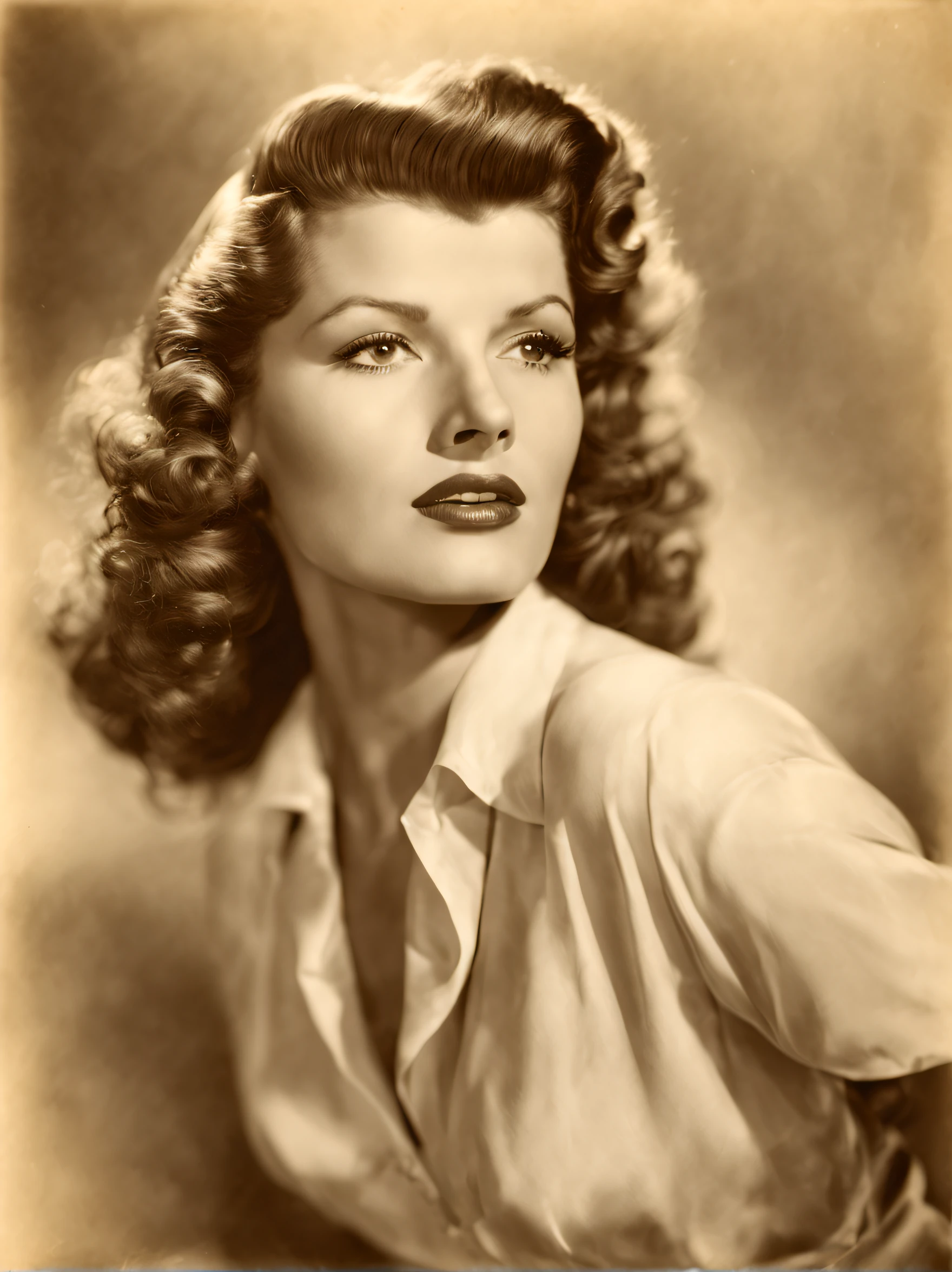 vintage portrait photograph of Rita hayworth, sepia tones, classic studio photograph, delicate features,