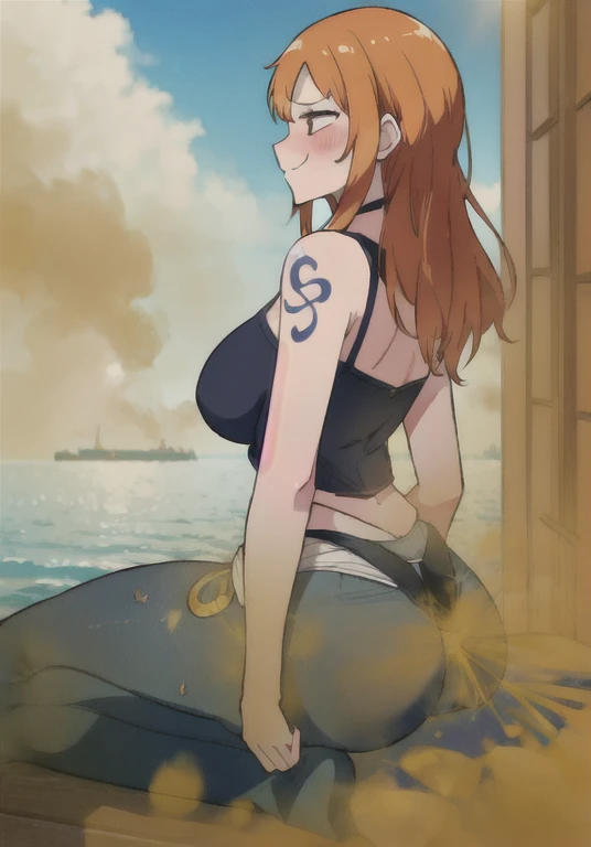 ((nami)),((velocity)),Yellow smoke,Attacked by farts, (((Women sitting)),velocity,(Yellow smoke is rising),i'i'i'i'i'i'sunny go ship)),((One Woman)),((A girl smells a fart and smiled faintly)),((fart while saw a view of sea)),sit on edge of ship,((blushing)),(masterpiece:1.2、top-quality)、(the Extremely Detailed CG Unity 8K Wallpapers、ultra-detailliert、Best Shadows)、(细致背景)、(The best lighting、extremely delicate and beautiful)、depth of fields、1girl in、独奏、looking arround her,,Ephemeral,,(brownhair),()),((((Girl is embarassed when she smells the bad smell of farts)))),,((((profile facing diagonally)))),((i'I closed my mouth with hand feel embarassed...)),(()),((embarassing look)),((massive fart)),((fart text))