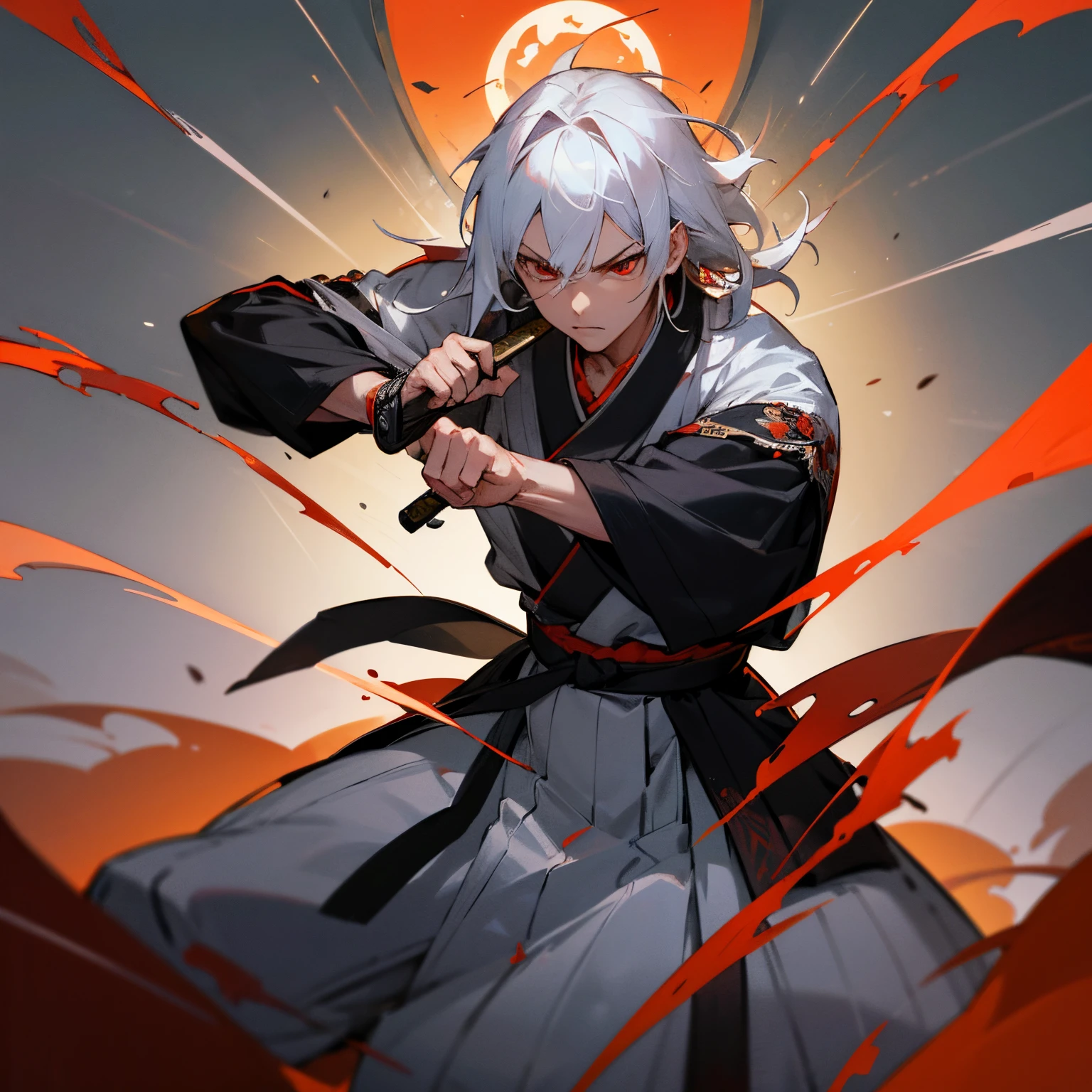 Martial Arts Clothing, 1male, White Hair, Red Eyes, [dynamic pose], [focused expression], [traditional costume], [detailed embroidery], [flowing fabric], (best quality, highres, HDR), (realistic), [dramatic lighting], [intense atmosphere], [striking contrast], [vibrant colors], [fierce determination], (samurai), [sharp katana], [fighting stance], [illustrious aura], [captivating presence], [sleek and agile movements], (black belt in martial arts), [masterful technique], (traditional Asian-inspired backdrop), [strong sense of motion], [powerful strikes], [tense anticipation], [heightened senses], [calculated precision], [focused mindset], [strength and grace], [epic battle scene], [spectacular martial arts display], [exhilarating fight choreography], [dynamic energy].