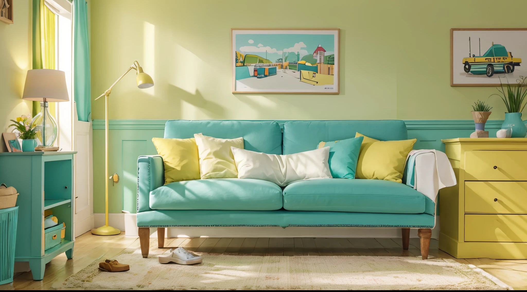 banner for an online store that sells goods for the home, interior, everything for comfort. The color scheme is green, yellow, turquoise, muted, pastel colors. picture format 16 by 9. cartoon style