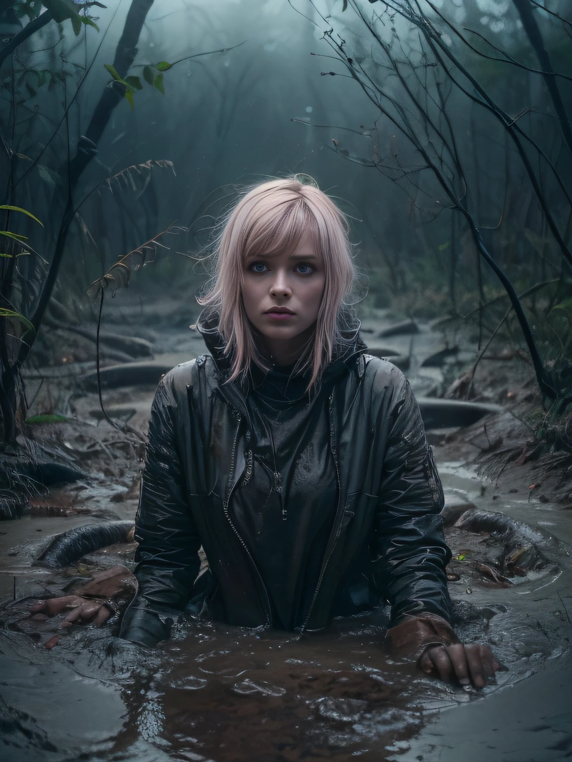 (Best Quality,hight resolution,Masterpiece, Overhead view:1.20),Ultra-detailed,The woman,Wide flares on jeans,sickly,drowning in a swamp,standingn:1.2, fetish, Posing, overcomes shame:1.3, (at the bottom of a mud pit:1.3),gloomy ecstasy,fetish,dark gloomy atmosphere,gritty texture,melancholic expression on his face,mysterious aura,foggy background,Subtle color palette,provocative pose,Strong emotions,Coming Out of the Depths of Despair,Piercing gaze,intense shadows,Plunged in Darkness,Rugged terrain,ominous vibe,A supernatural sensation,asymmetrical bangs, freckles, pink short hair, Bangs, freckles, gray eyes,