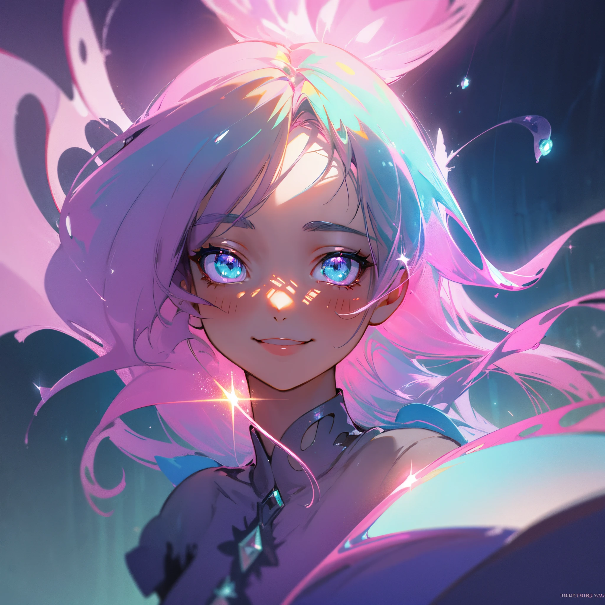 fantasy art, neon magic, beautiful girl alone, sea fairy, smiling, portrait, big picture, UHD, 128k, dreamy colors, glowing around, glow, symmetrical eyes, symmetrical nose, sparkles, emerald eyes, dark blond hair, tender pink and purple curls, cyberpunk, casual detailed closes with cute magic neon print, small bust