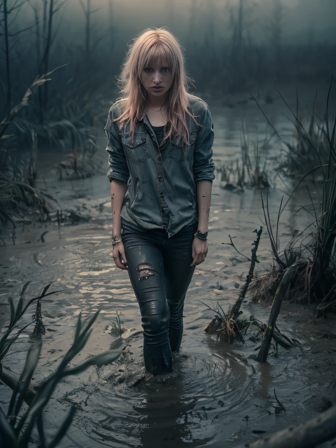 (Best Quality,hight resolution,Masterpiece, Overhead view:1.20),Ultra-detailed,The woman,Wide flares on jeans,sickly,drowning in a swamp,standingn:1.2, fetish, Posing, overcomes shame:1.3, (at the bottom of a mud pit:1.3),gloomy ecstasy,fetish,dark gloomy atmosphere,gritty texture,melancholic expression on his face,mysterious aura,foggy background,Subtle color palette,provocative pose,Strong emotions,Coming Out of the Depths of Despair,Piercing gaze,intense shadows,Plunged in Darkness,Rugged terrain,ominous vibe,A supernatural sensation,asymmetrical bangs, freckles, pink short hair, Bangs, freckles, gray eyes,