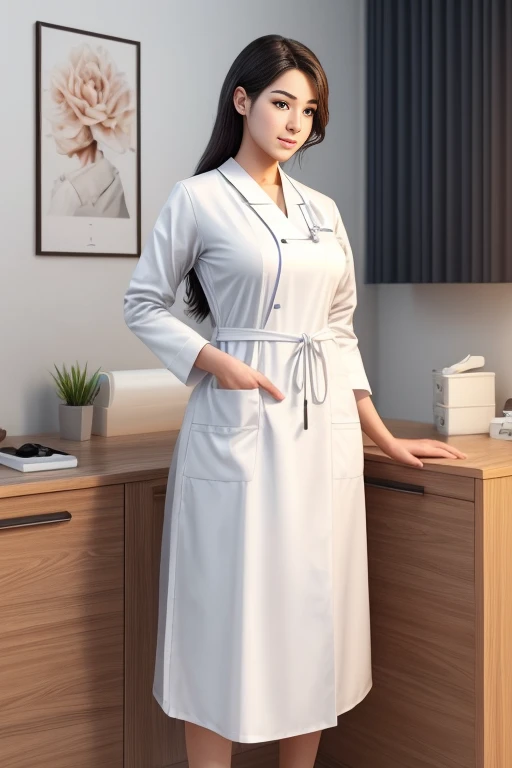 Create a digital illustration of a beautiful, professional nurse. She's about 1.60 m tall and wears traditional nursing attire with a white smock, clearly emphasizing her profession. Make sure the image is aesthetically pleasing while avoiding any nudity. Capture the nurse's grace and confidence in her working environment, with particular attention to her posture and character traits.