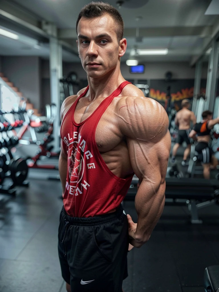 arafed man in a gym with a red shirt and black shorts, extremely muscular, big arms, very muscular, very beautiful. big muscles, marcin rubinkowski, massive muscles, exaggerated muscle physique, bodybuilder physique, alexey gurylev, bodybuilder ernest khalimov, exaggerated physique, slender and muscular build, perfect muscle structure