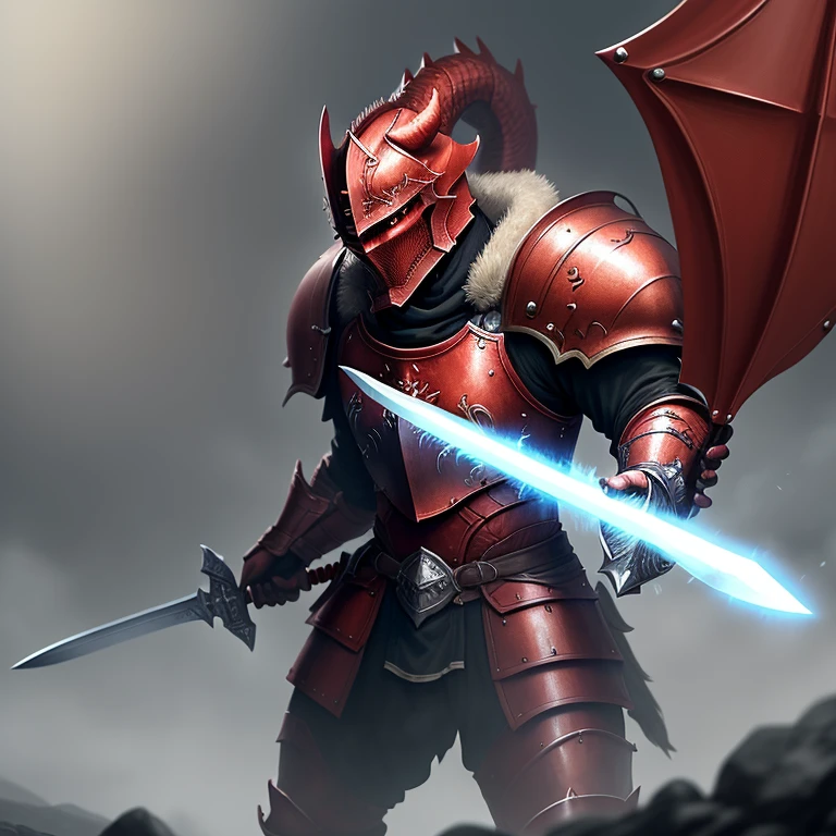 Red Dragonborn paladin with sword and shield