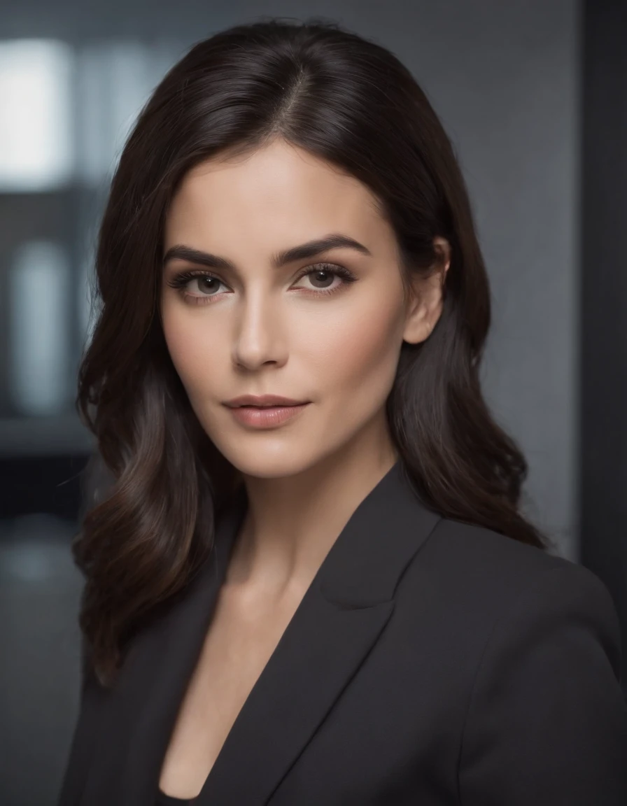 foto realista mulher morena sorrindo cabelos longos ondulados roupa de executiva, Black suit in office with face facing forward oval face