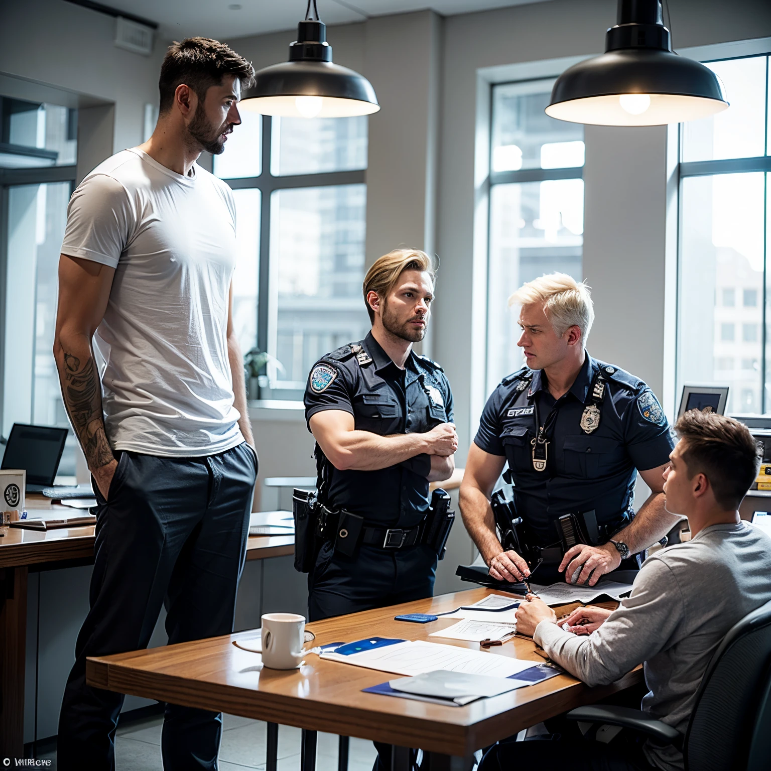 incredibly tall white and blond man with loose grey t-shirt, two short men in police uniform, background is police station, still photograph