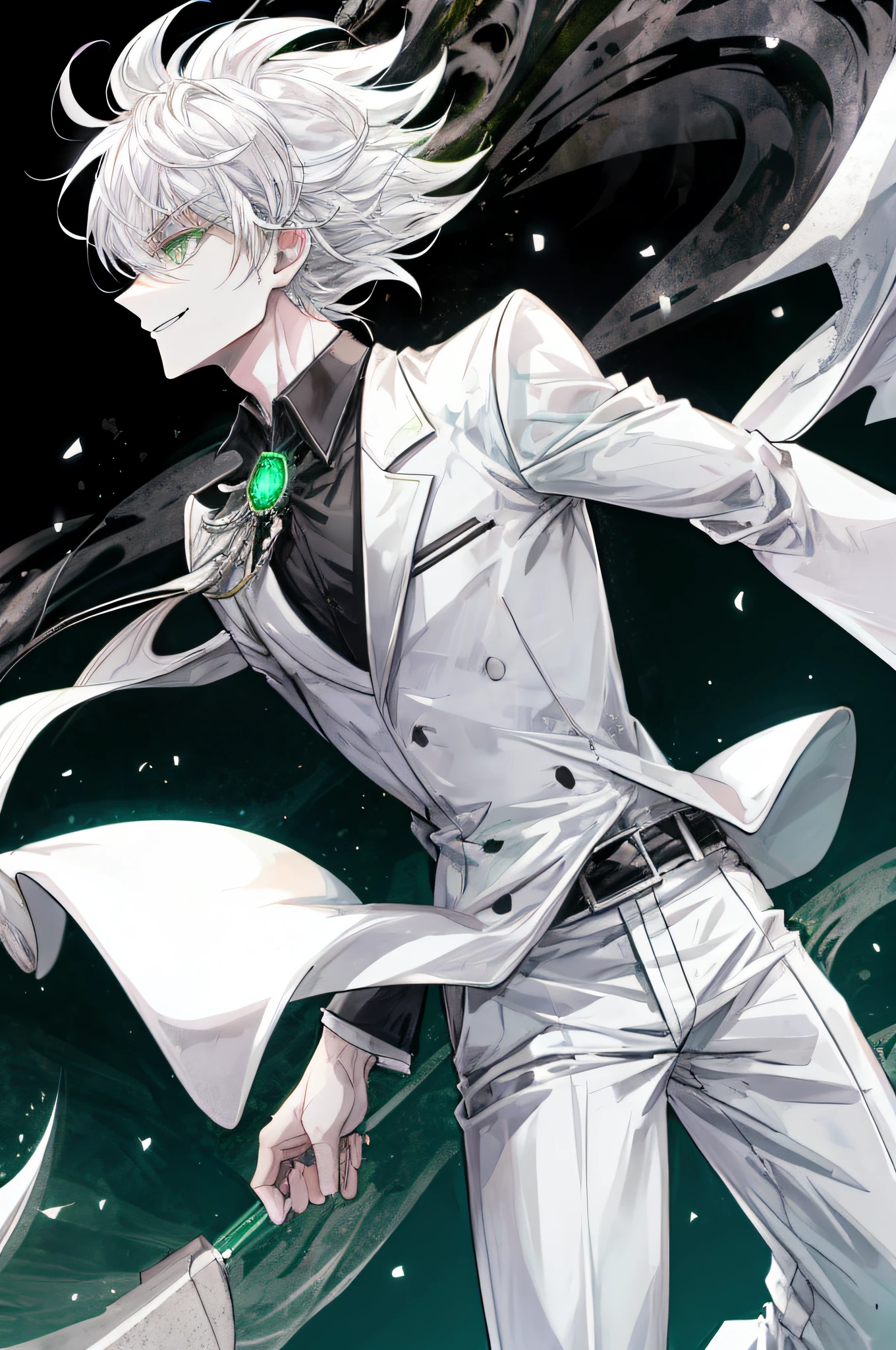 City Background,Solo Male, White hair, Green Eyes White Suit, White pants,  pale skin, Evil smile, slim,From Side,There&#39;s black smoke in the air,ruined city background,,