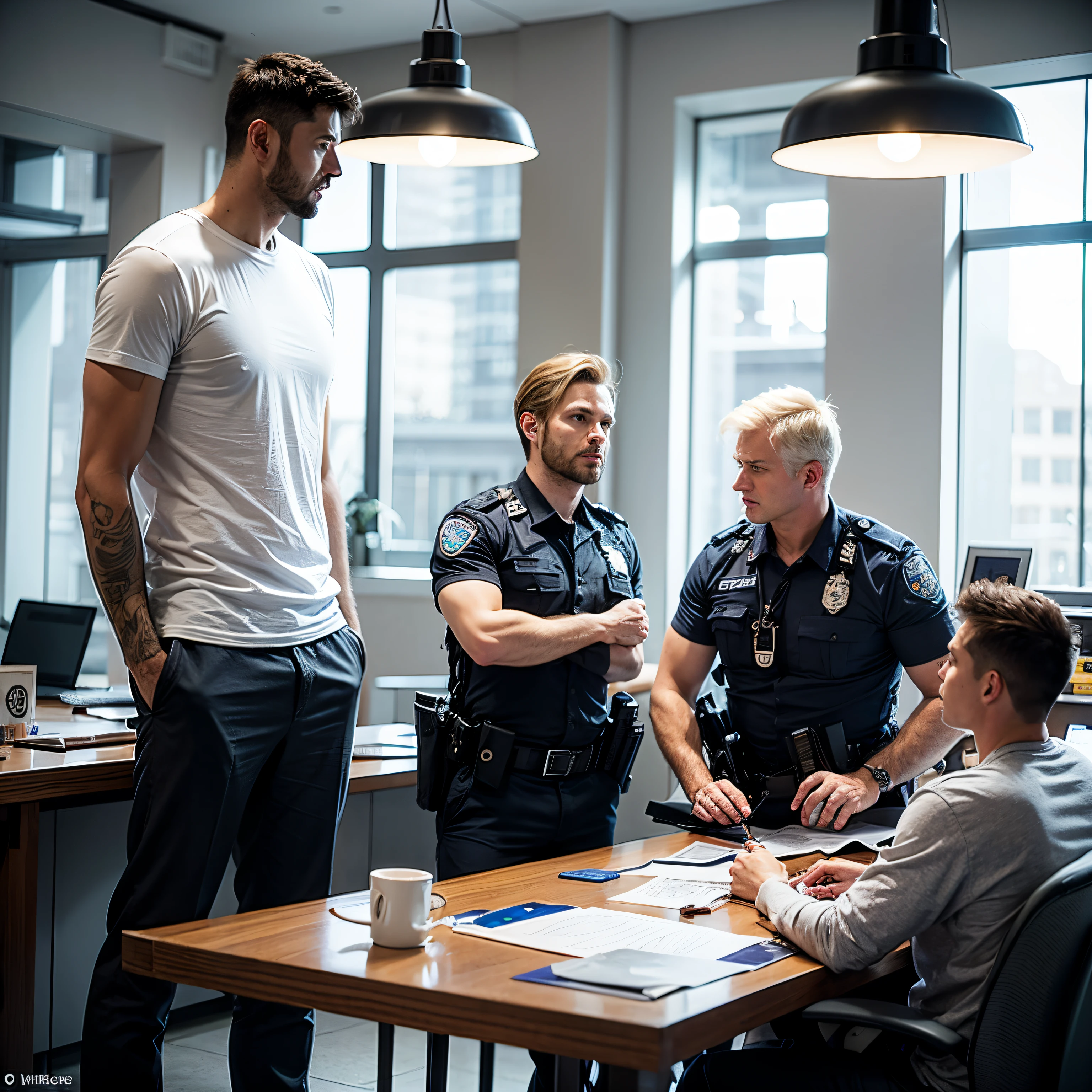 incredibly tall white and blond man with loose grey t-shirt, two short men in police uniform, background is police station, still photograph