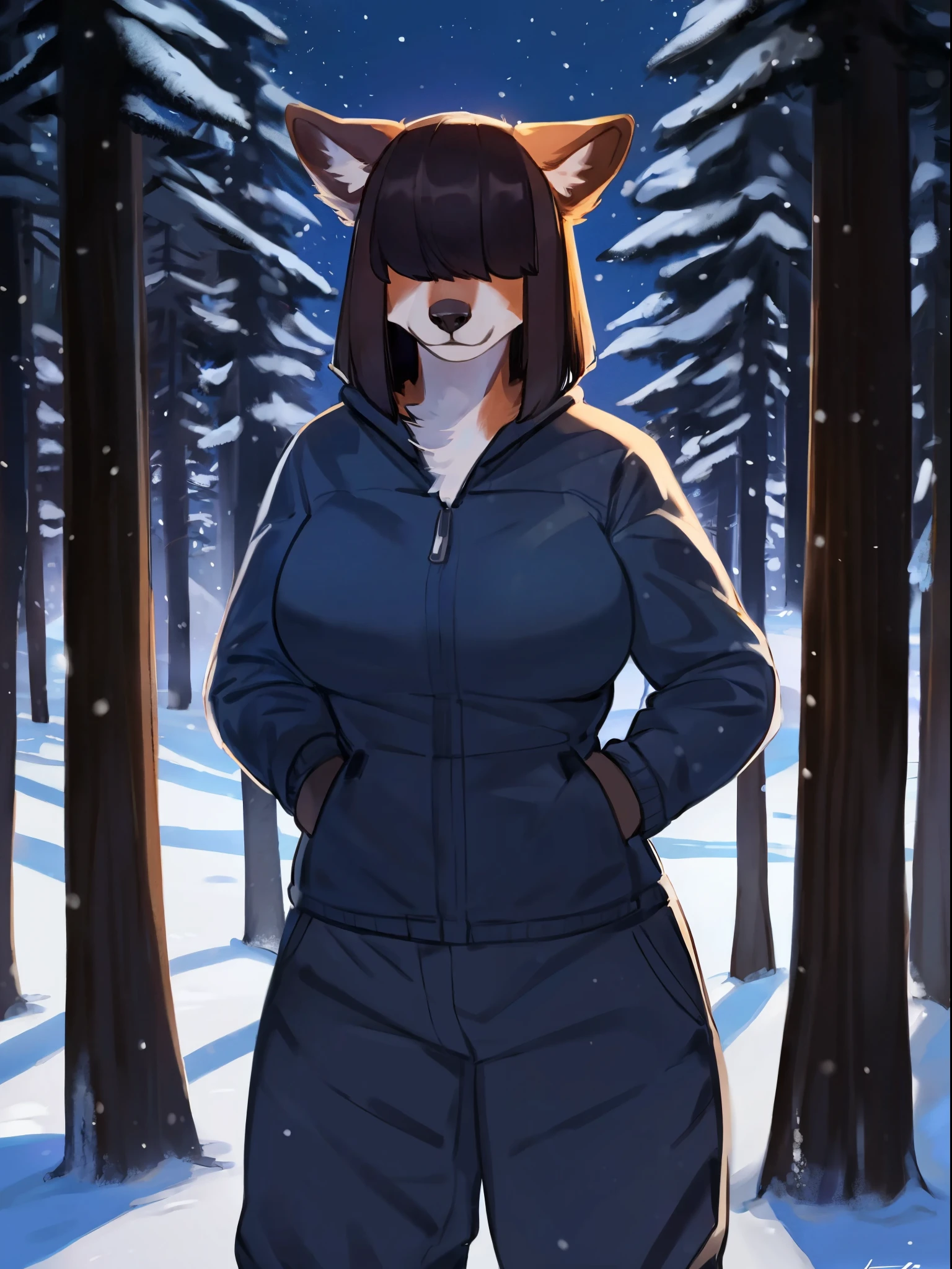 ((1girl, solo)) nsfw, (furry:1.2), (fluffy:1.1), (anthro, digitigrade legs:1.4), large breasts, long curly hair, (multicolored hair:1.2, black hair | brown hair), (gynomorph:1.4), (blush:1.2, smile:1.1), (nude:1.1), looking at viewer, snow, winter, forest, natural hot spring, bathing, masturbation:1.4