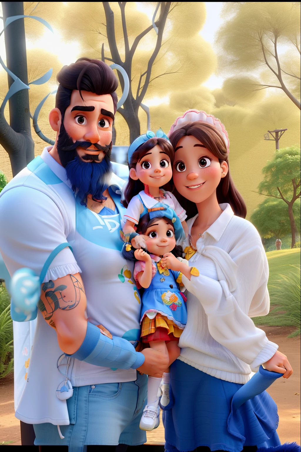 Papai de barba, Baby girl Cabelo Curto loiro, Mommy in skirt smiling