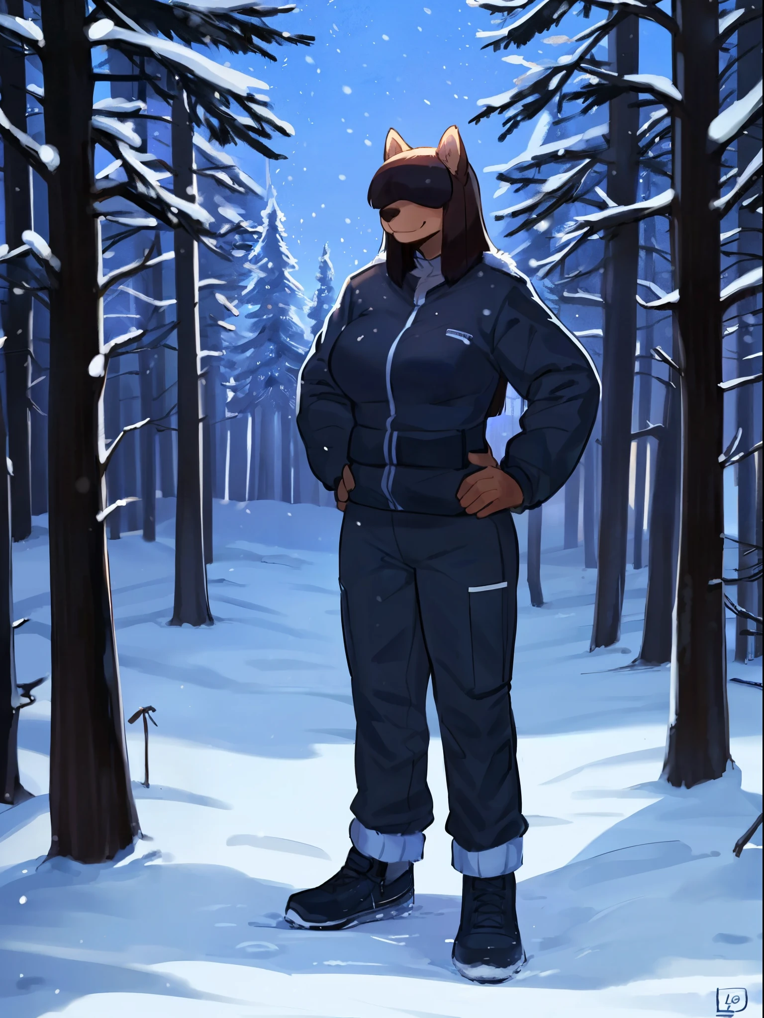 By bebebebebe, by lostgoose, by goonie-san, solo, female, canine, ((snout, hair covering eyes, straight hair, medium hair, flat hair, thin snout)), black fur, dark maroon hair, big breasts, (muscular), smiling, hands on hips, snowy forest, night time, snowing, pine trees, standing, winter jacket, snow pants