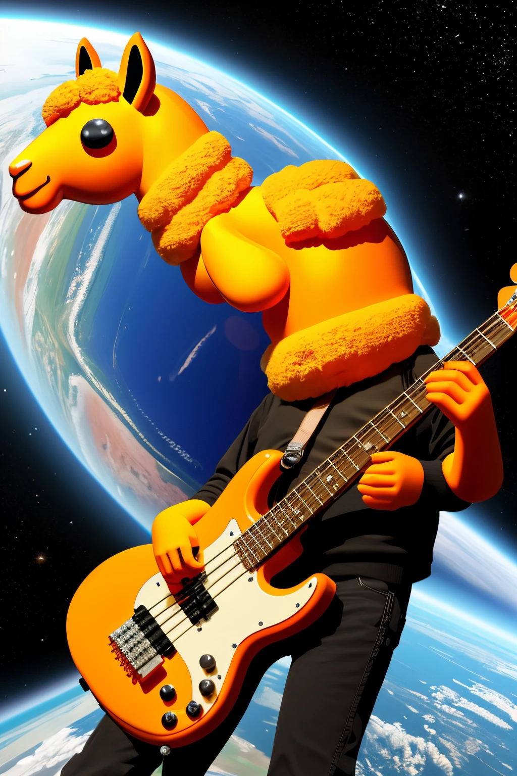 Make an orange llama In space playing a bass guitar