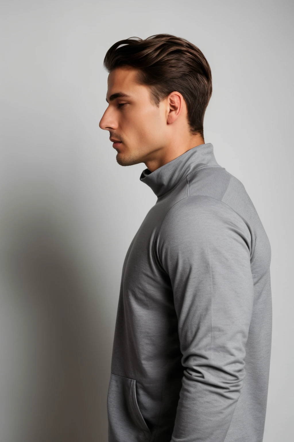 ((best quality)), ((masterpiece)), (detailed), face of a man in profile with gray clothes and white background