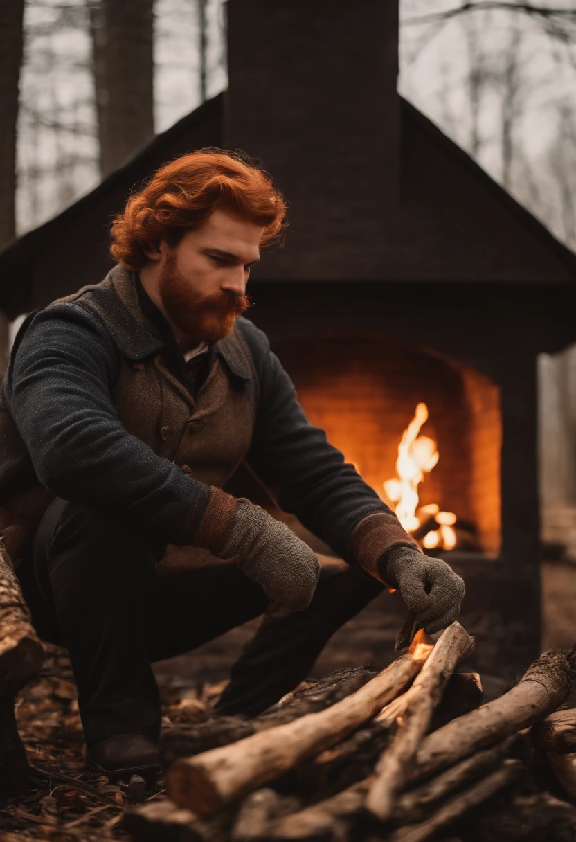 A close-up of FireplaceFrank wearing fire-patterned gloves and arranging firewood in a rustic outdoor fireplace.,original,FireplaceFrank has red hair and a handlebar moustache, male