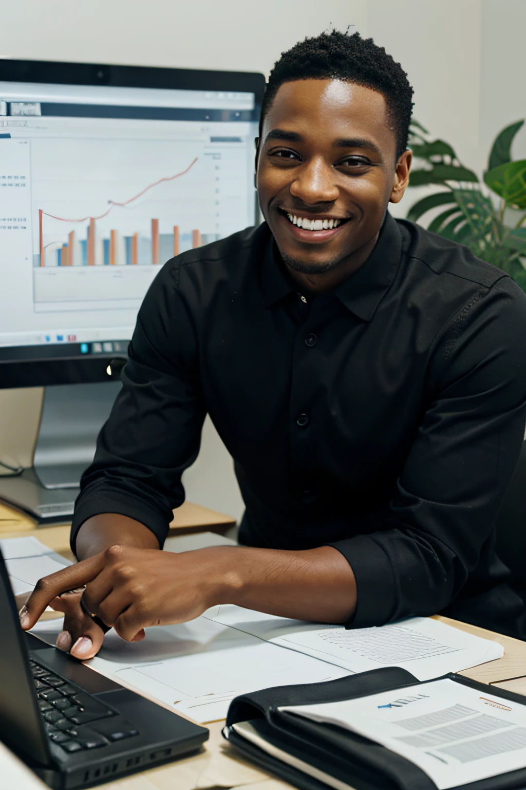 A Black Man Wearing Business Clothes, sorridente, olhando para uma tela de computador com dados financeiros, against a business environment