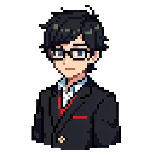 Boy with glasses, tmasterpiece,topo Quoridade,melhor qualidade),Pixel art,Japanese student, parte superior do corpo,cabelo curto ,cabelo preto,Detalhe extremo , com sorriso neutro