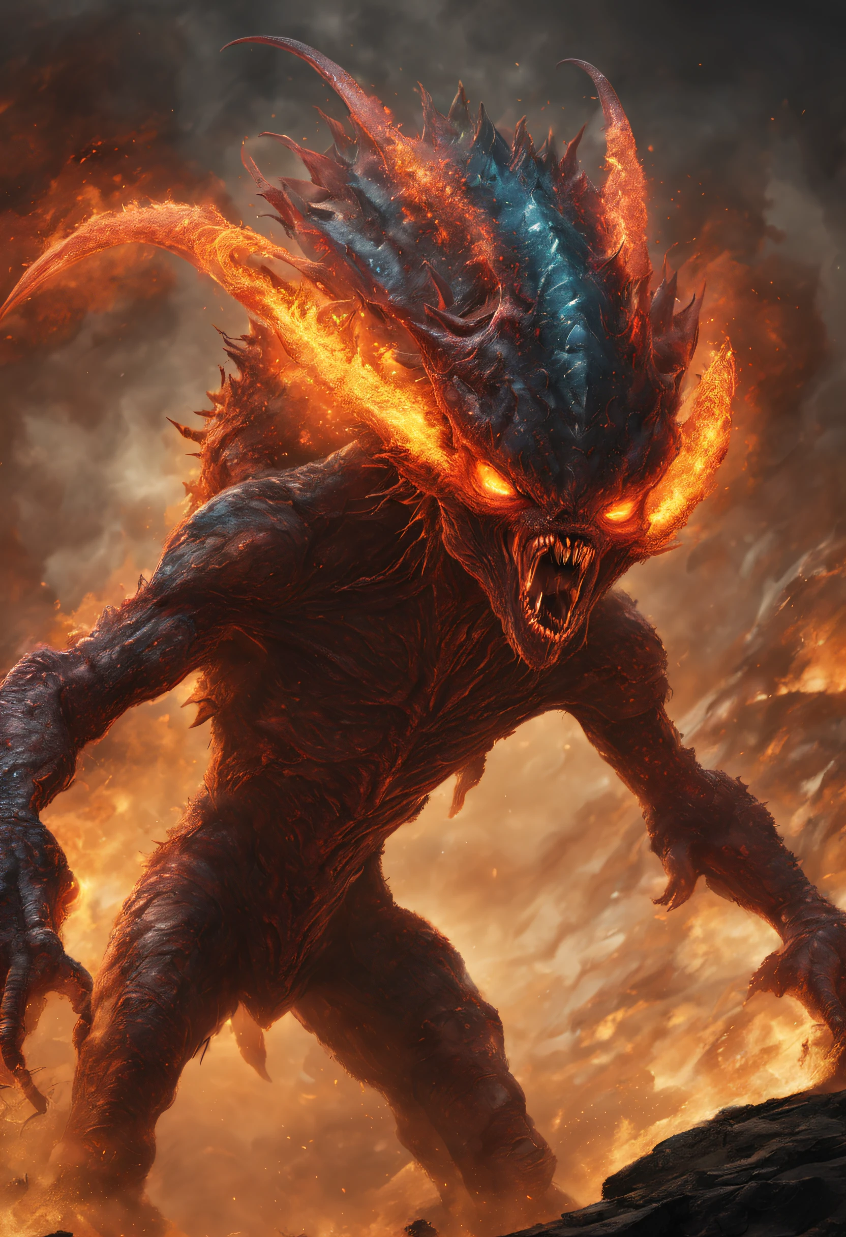 A very angry alien monster, it's very detailed and textured. The colors and shades are magnificent, eyes in fire