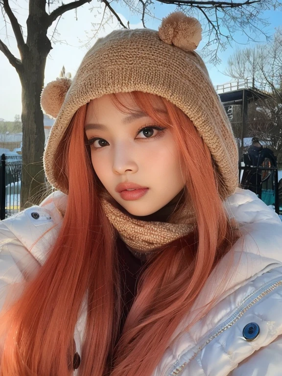 Arafa woman with red hair wearing hat and scarf, Lalisa Manobal, Parque Roseanne do Blackpink, Lalisa Manoban do Blackpink, ela tem cabelos longos e redorange, gemma chen, com longos cabelos ruivos, frio como gelo! 🧊, com cabelos ruivos, linda Delphine, com franja, Retrato de Jossi de Blackpink