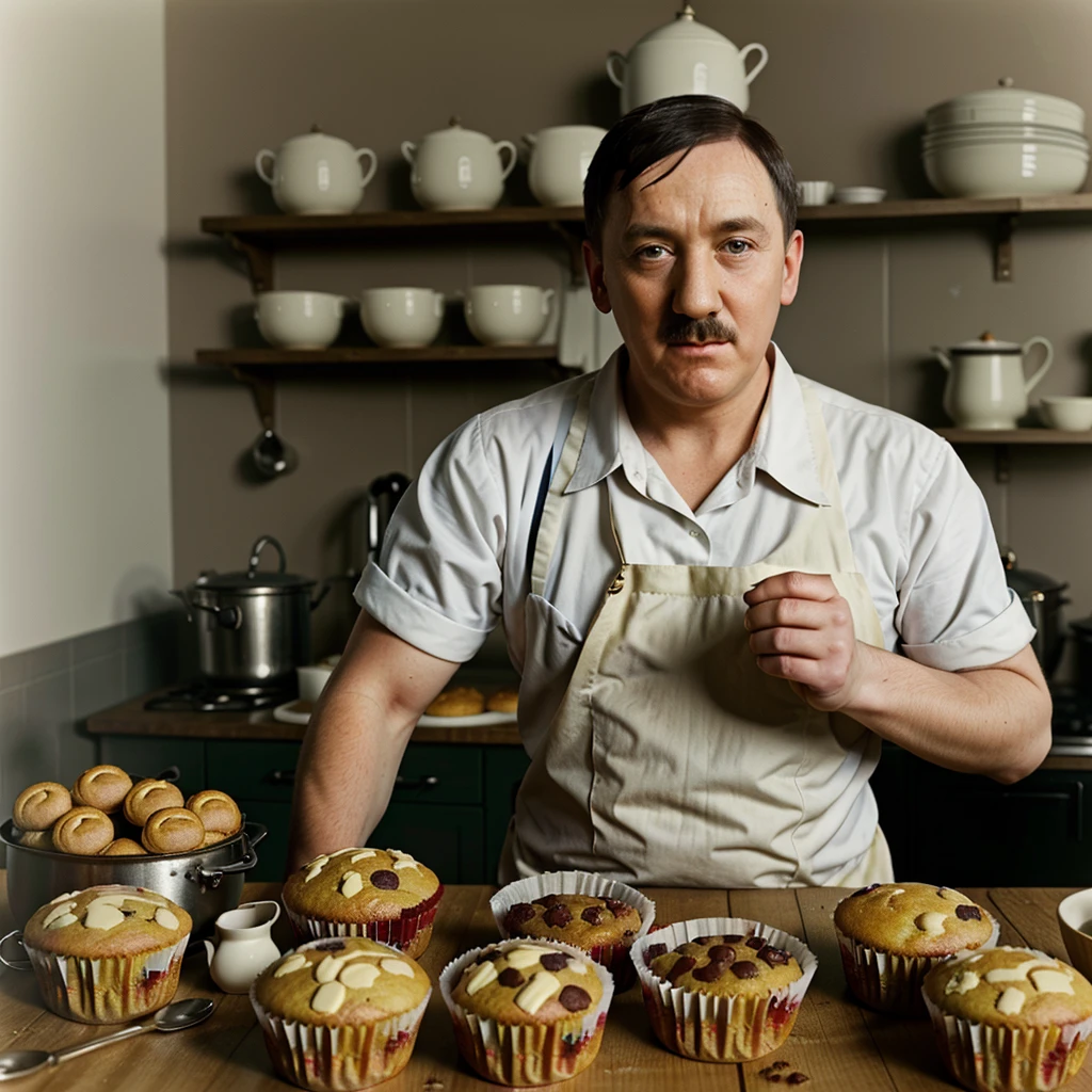 Adolf Hitler baking muffins with Jewish people, full color, HD Picture, realistic, one person