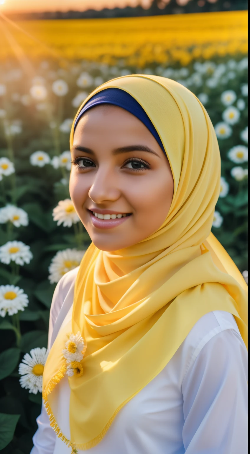 arafed girl in a white yellow and a blue scarf, white hijab, girl frontal in a flower field, distance shot portrait shot, hijab, distance shot portrait shot, girl standing in flower field, radiant morning light, at sunrise, girl standing in a flower field, beautiful detail, filtered evening light, inspired by Fathi Hassan, kids, cute young girl