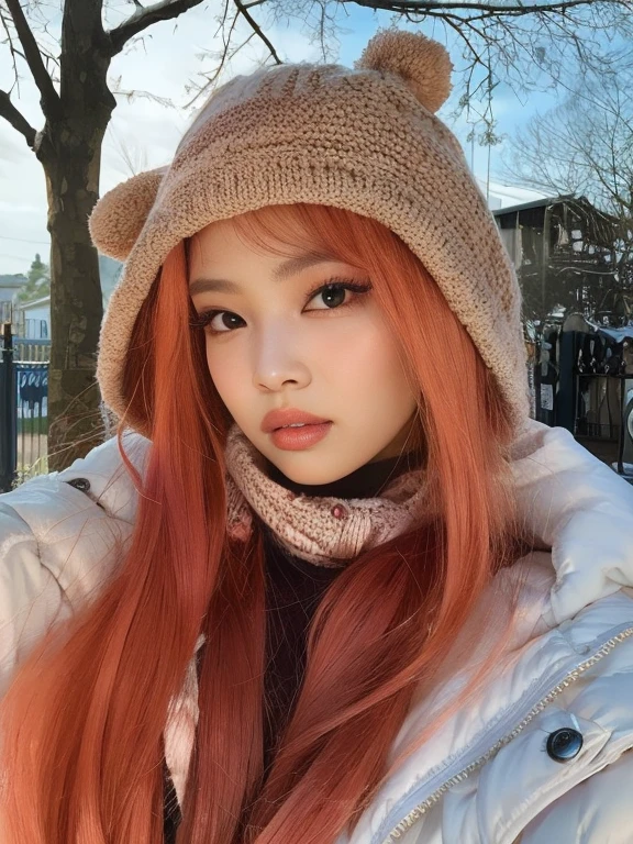 Arafa woman with red hair wearing hat and scarf, Lalisa Manobal, Parque Roseanne do Blackpink, Lalisa Manoban do Blackpink, ela tem cabelos longos e redorange, gemma chen, com longos cabelos ruivos, frio como gelo! 🧊, com cabelos ruivos, linda Delphine, com franja, Retrato de Jossi de Blackpink
