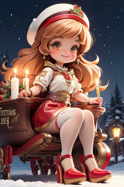 masterpiece, best quality, a girl smiling slouching on steampunk sleigh, christmas crop shirt, christmas skirt, white tights, (((red pumps))), holding a steampunk candle, magical garden at night, magic sparkles floating