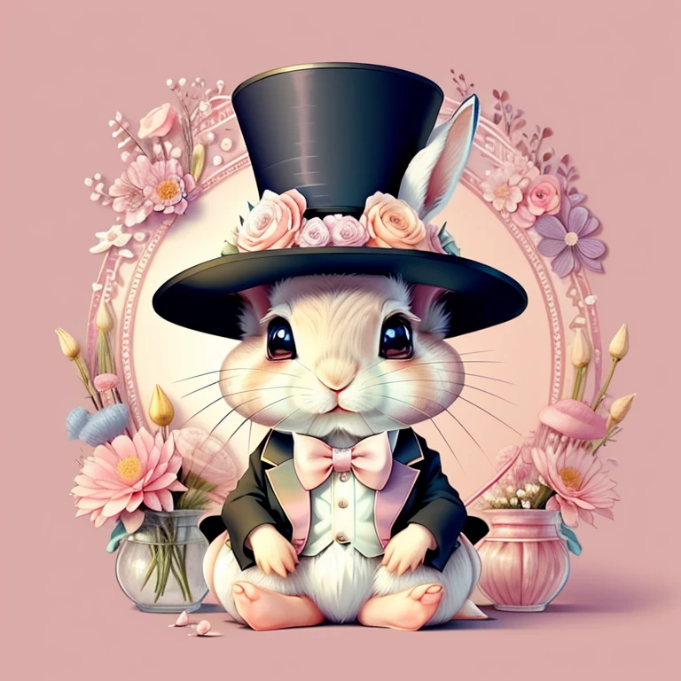 (cute baby rabbit with a pink top hat and flowers), Munchkin ,Geometric multidimensional wall portrait, livro de arte, Tchibi,
Yang08k, Beautiful, Colouring,
Obras, of the highest quality, best quality, Arte Oficial, Beautiful and Aesthetic,