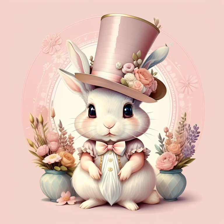 (cute rabbit with a pink top hat and flowers), Munchkin ,Geometric multidimensional wall portrait, livro de arte, Tchibi,
Yang08k, Beautiful, Colouring,
Obras, of the highest quality, best quality, Arte Oficial, Beautiful and Aesthetic,