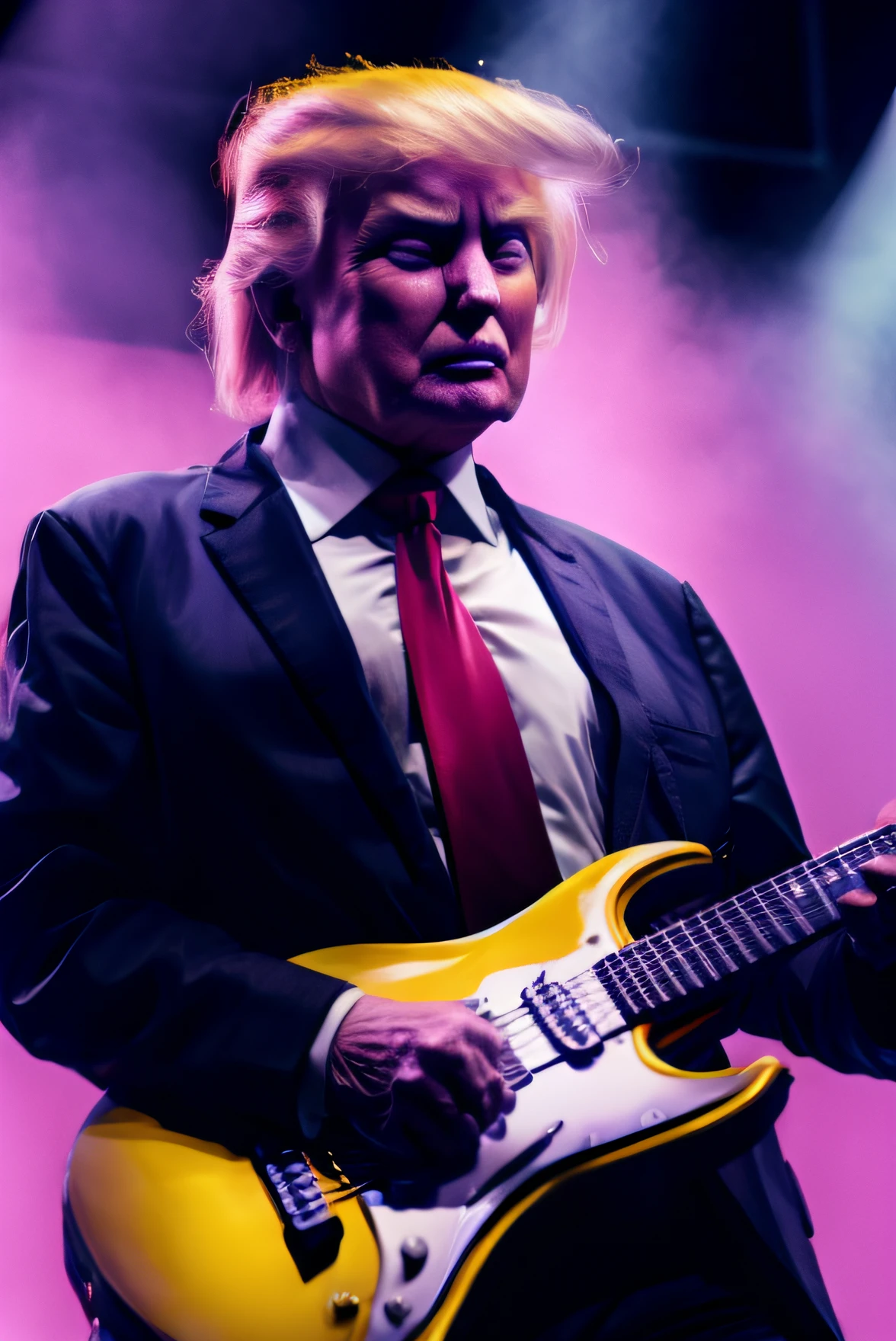 donald trump on stage playing electric guitar