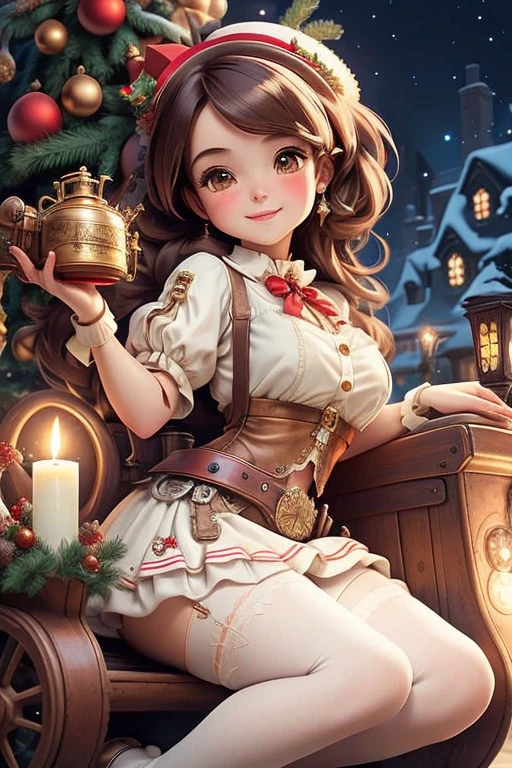 masterpiece, best quality, a girl smiling slouching on steampunk sleigh, christmas crop shirt, christmas skirt, white tights, red lolita pumps, holding a steampunk candle, magical garden at night, magic sparkles floating