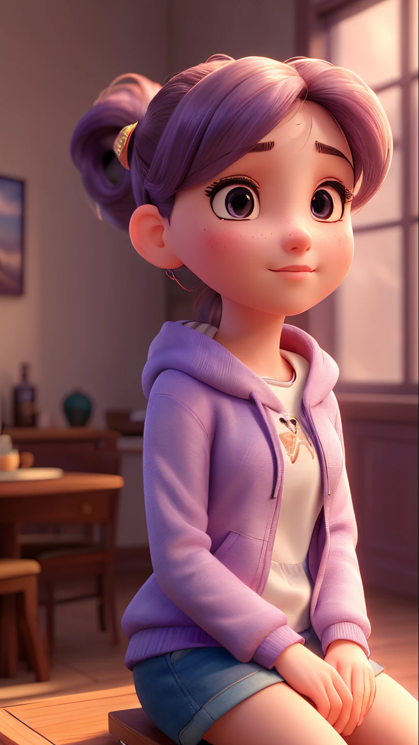 (8k, RAW photo, best quality, masterpiece), (realistic, photo-realistic:1.2), ultra-detailed, 1 girl,cute, solo,beautiful detailed sky,detailed cafe,night,sitting,dating,nose blush,closed mouth,beautiful detailed eyes,wearing Hoodie jacket,dolfin shorts,average body,floating hair,short purple hair,GIRL,FEMININE,pink eyes, ultra-fine details, intricate scene, ambient lighting, soft glow, elegant,symmetrical facial features, accurate anatomy, anatomically correct girl, scenic, gossamer, ethereal, Entire body,ponytail,gentle,mild,wise,big breast,