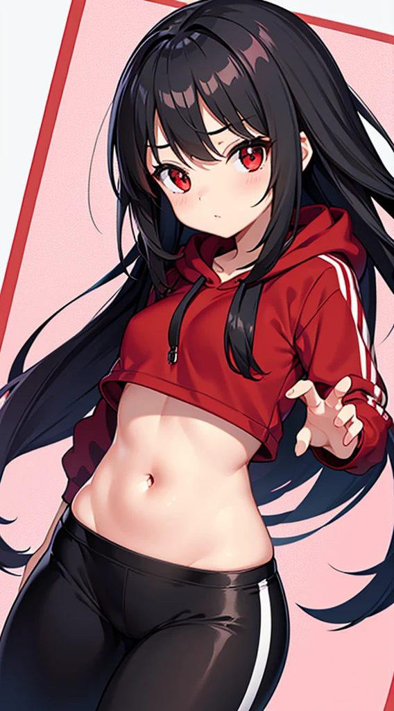 Close-up, pretty black-haired slender girl with red eyes, beautiful tits, emphasis on hips, athletic uniform, curvy tits, in a sporty white hoodie, no panties, bare hips, skinny slender belly, long hair, beautiful, stretching, athletic, busty, white background,