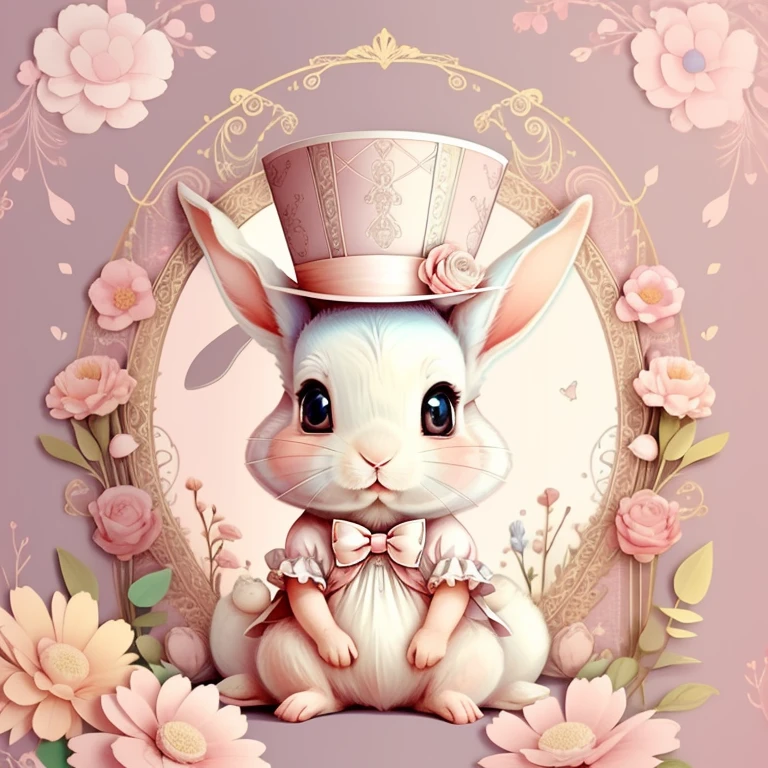 (cute baby rabbit with a pink top hat and flowers), Munchkin ,Geometric multidimensional wall portrait, livro de arte, Tchibi,
Yang08k, Beautiful, Colouring,
Obras, of the highest quality, best quality, Arte Oficial, Beautiful and Aesthetic,
