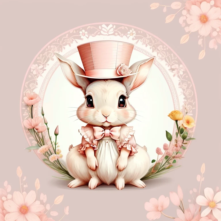 (cute baby rabbit with a pink top hat and flowers), Munchkin ,Geometric multidimensional wall portrait, livro de arte, Tchibi,
Yang08k, Beautiful, Colouring,
Obras, of the highest quality, best quality, Arte Oficial, Beautiful and Aesthetic,