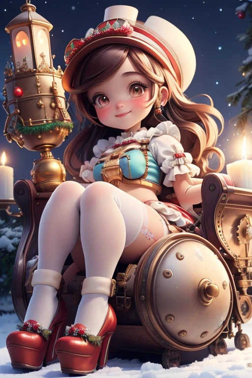 masterpiece, best quality, a girl smiling slouching on steampunk sleigh, christmas crop shirt, christmas skirt, white tights, red lolita pumps, holding a steampunk candle, magical garden at night, blue sparkles floating