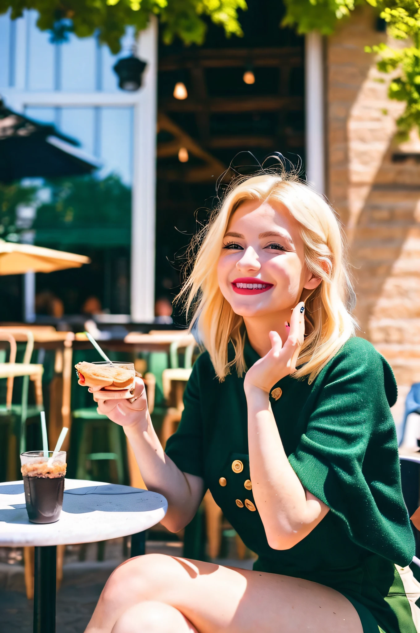 A woman with blonde hair and green eyes, radiating happiness, is enjoying a sunny day outdoors. She is seated at a cozy Instagram-worthy cafe, sipping on a delicious boba tea. The woman's black skin beautifully contrasts with her bright smile and adorable freckles. Her cute outfit perfectly matches her vibrant personality. The photo captures a moment of pure joy and conveys the influencer's positive energy. The high-quality image showcases vivid colors and sharp focus, emphasizing the woman's stunning features. The lighting accentuates her beaming smile, making her the center of attention.