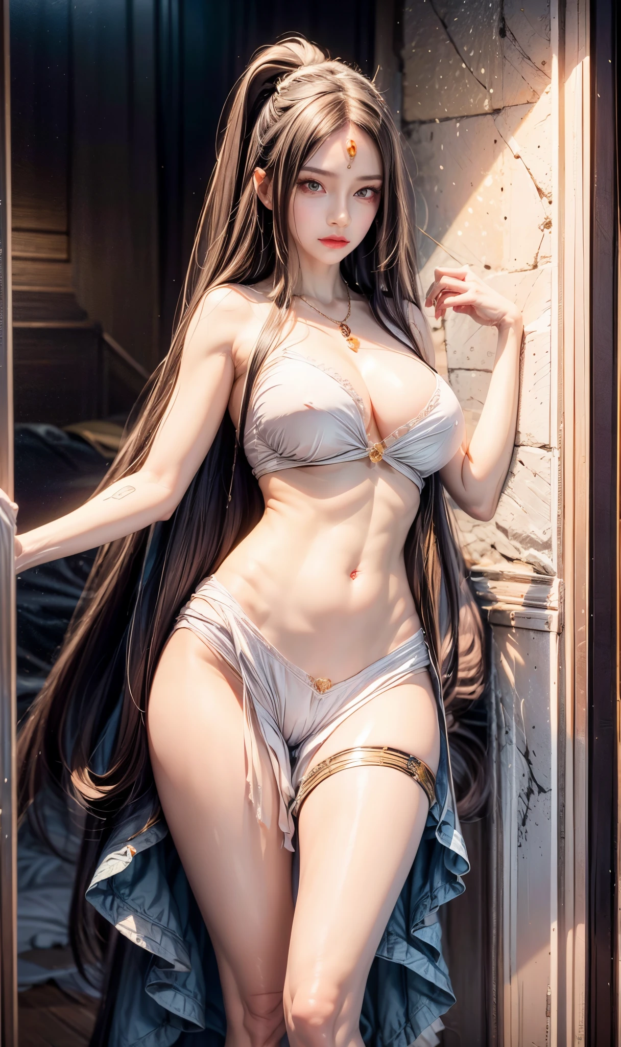 realistic, 1 women, best quality, 12k, HD, long hair, big round breasts, cleavage, ponytail, necklace, jewelry, shorts, short jacket, slim hips, hair tie, yellow eyes, black hair, super detailed, Eye details, hair details, person details, mouth details, face details, breast details, clothes details, hair details, pants details, hand details, whole body